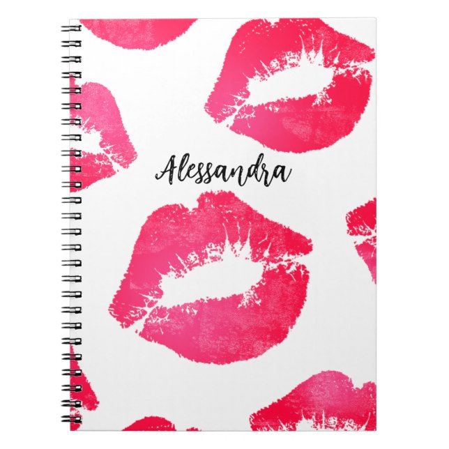 Pink Red Lipstick Kisses on white Notebook (Front)