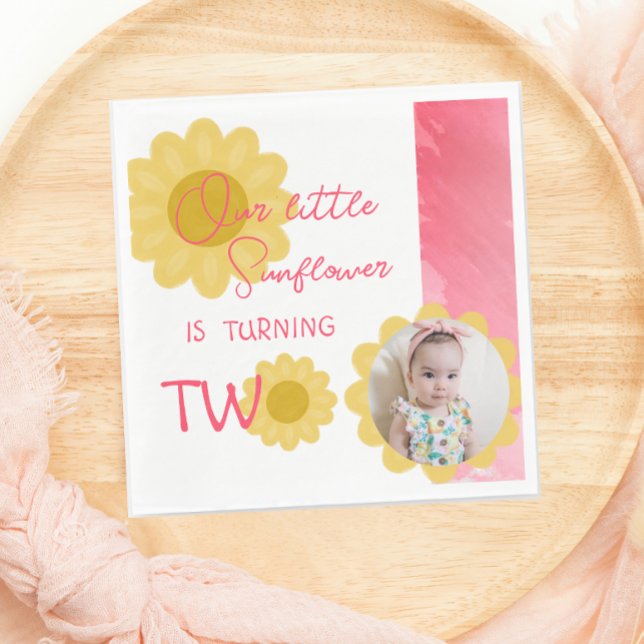 Pink Red Little Sunflower Second Birthday Photo Napkin (Creator Uploaded)