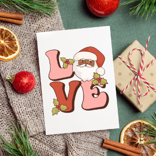 Pink & Red Love Black Santa Retro Christmas Card