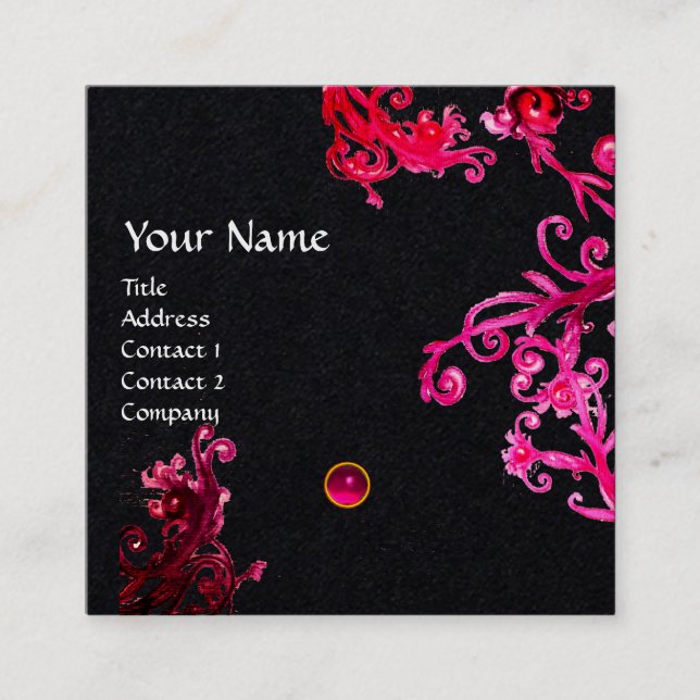PINK RED MAGIC BERRIES GEMSTONE MONOGRAM Black Square Business Card (Front)