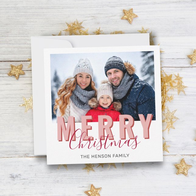 Pink Red Merry Christmas Script Family Photo Holiday Card (Creator Uploaded)