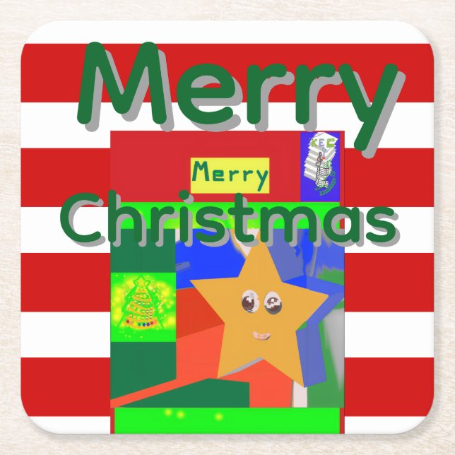 Pink Red Merry Christmas  Square Paper Coaster (Front)