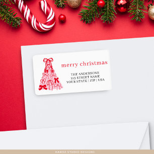 Pink Red Merry Christmas Tree Bow Holiday Label
