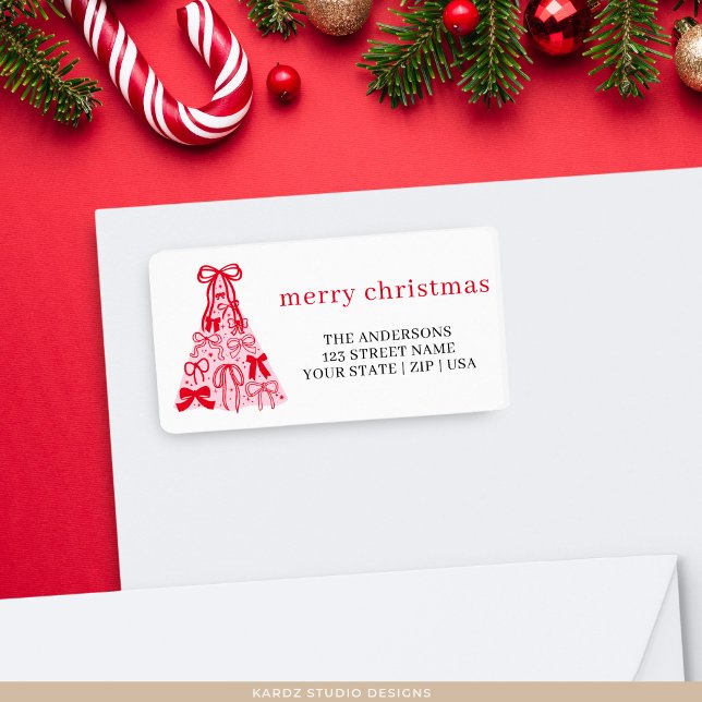 Pink Red Merry Christmas Tree Bow Holiday Label (Creator Uploaded)
