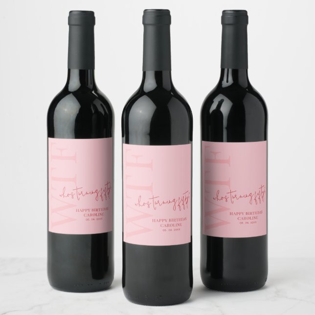 Pink Red Modern 50th Birthday Wine Label (Bottles)