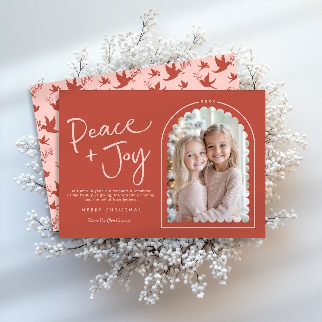 Pink Red Modern Arch Peace Joy Photo Christmas Holiday Card (Shown on a 5" x 7" card (front and back))