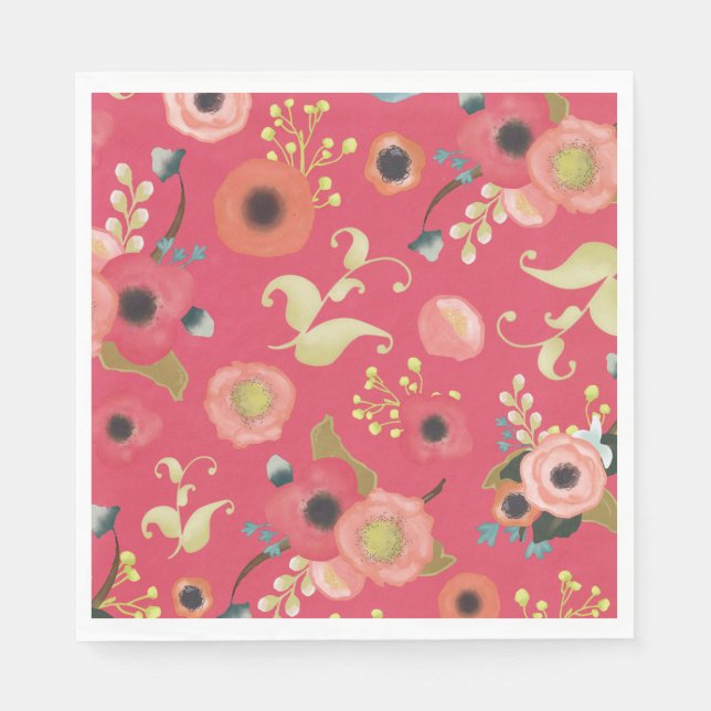 Pink Red Modern Floral Pattern Party  Napkin (Front)