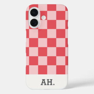 Pink Red Modern Monogrammed Chequered iPhone 16 Case
