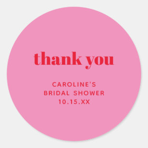 Pink Red Modern Simple Thank You Bridal Shower  Classic Round Sticker