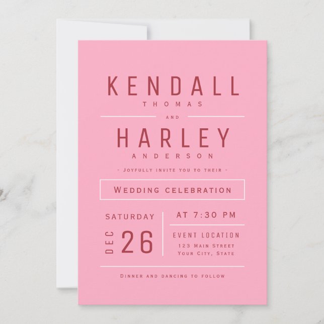 Pink Red Modern Simple Typography Photo Wedding Invitation (Front)