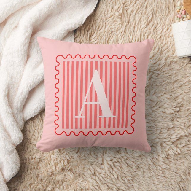 Pink Red Monogram Preppy Scalloped Cushion (Blanket)