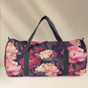 Pink red nature vintage flower pattern, monogram  duffle bag