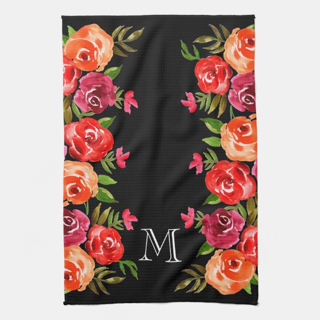 Pink Red Orange Flowers on Black Tea Towel (Vertical)