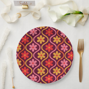 pink red orange Flowers on Vintage Ogee Pattern Paper Plate