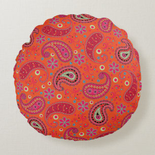 pink red orange paisley pattern,boho paisley round cushion