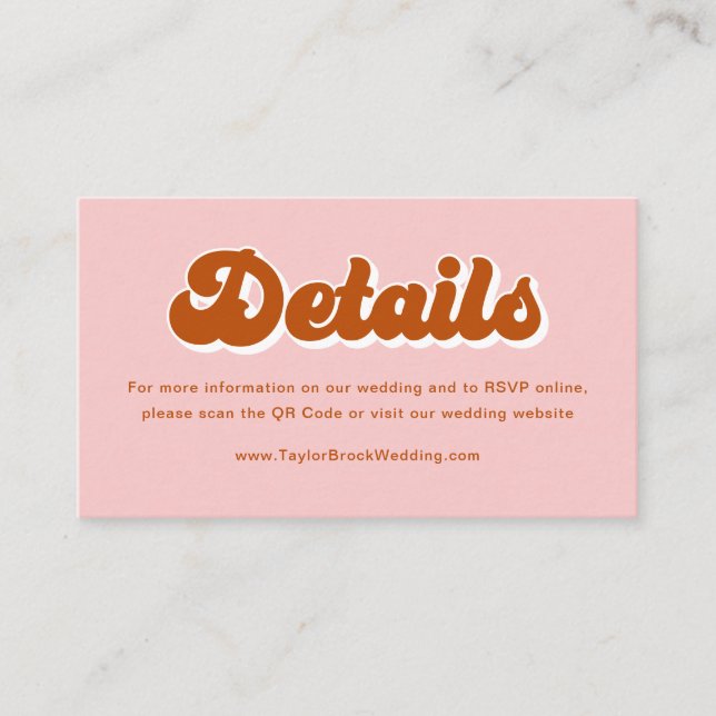 Pink Red Orange Retro 70s Wedding Website Enclosure Card (Front)