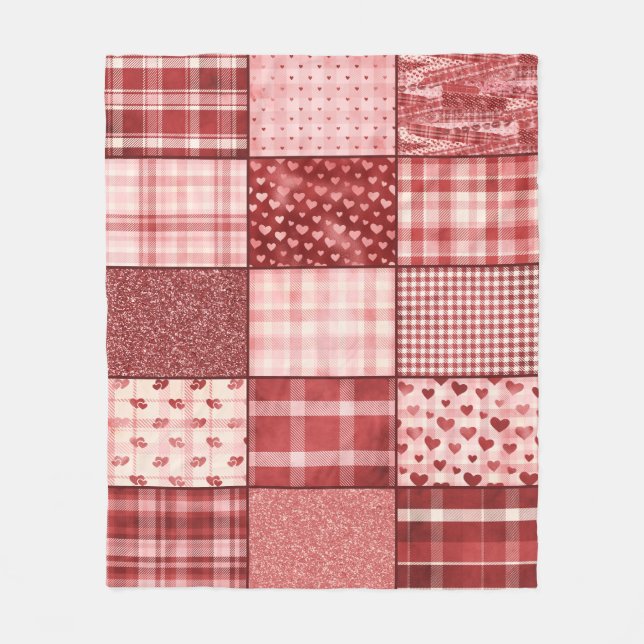 Pink & Red Patchwork Design Fleece Blanket (Front)