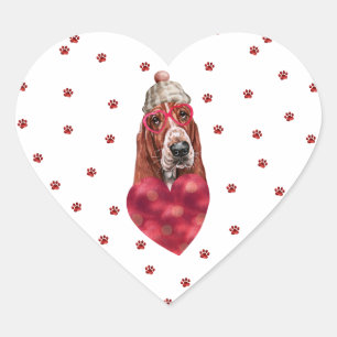 Pink Red Paws Heart Basset Hound Dog Valentines Heart Sticker