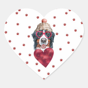 Pink Red Paws Heart Bernese Dog Valentines Sticker