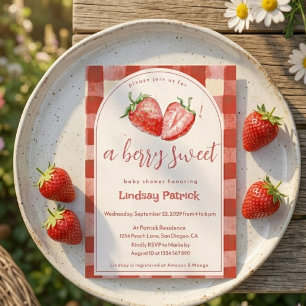 Pink Red Plaid Berry Sweet Strawberry Baby Shower Invitation