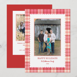 Pink Red Plaid Scallop Frame Photo Christmas Holiday Card