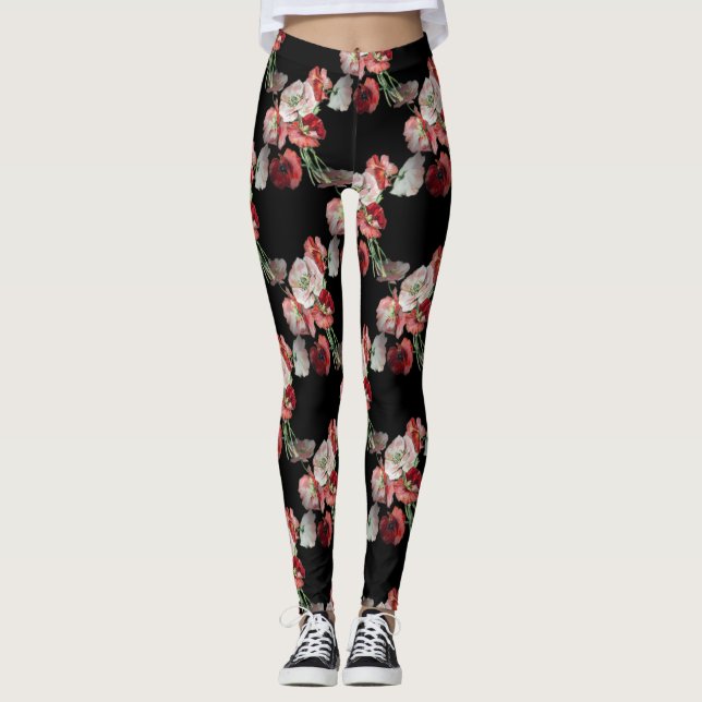 Pink & Red Poppies Pattern Custom Leggings (Front)