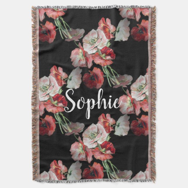 Pink & Red Poppies Pattern Custom Throw Blanket (Front Vertical)