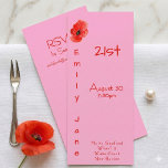 Pink Red Poppy Funky Vertical 21st Birthday Invitation<br><div class="desc">Pink Red Poppy Funky Vertical 21st Birthday Invitation. Kick off a fun milestone celebration with this trendy and playful 21st birthday invitation. The design features a vibrant red watercolor poppy flower set against a light pink background with a unique vertical text layout. This modern tea-length card is perfectly suited for...</div>