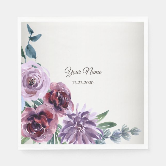 Pink Red Purple Floral Watercolor Wedding Party Napkin (Front)
