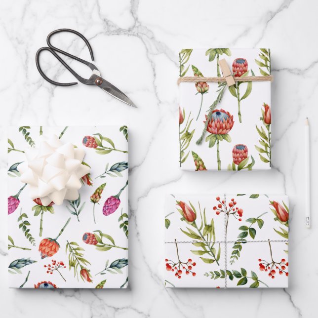 Pink Red Purple Watercolor Florals Wrapping Paper Sheet (Front)