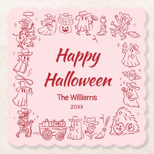 Pink Red Quirky Hand Drawn Doodles Halloween Paper Coaster (Front)