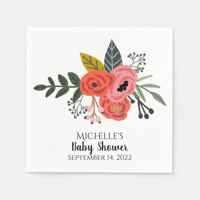 Pink red ranunculus bouquet summer flowers party napkin (Front)