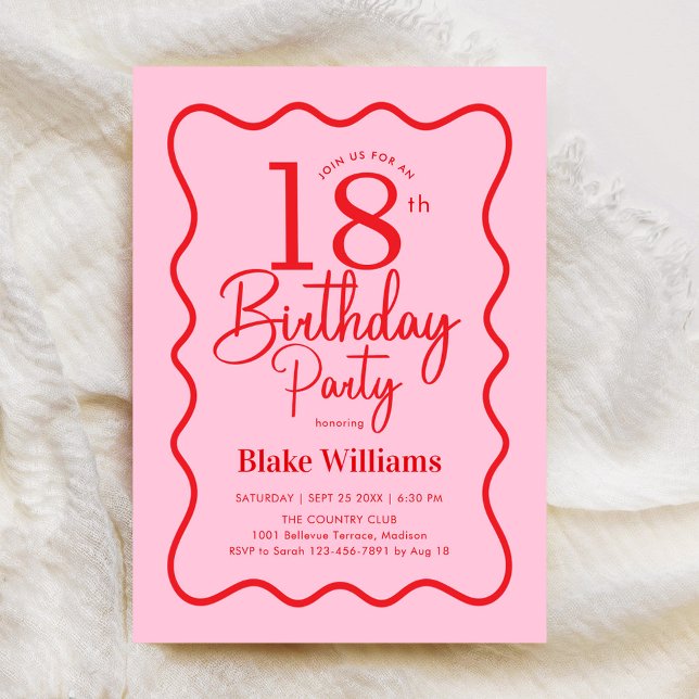 Pink Red Retro 18th Birthday Wavy Border Invitation (Creator Uploaded)