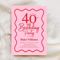 Pink Red Retro 40th Birthday Wavy Border