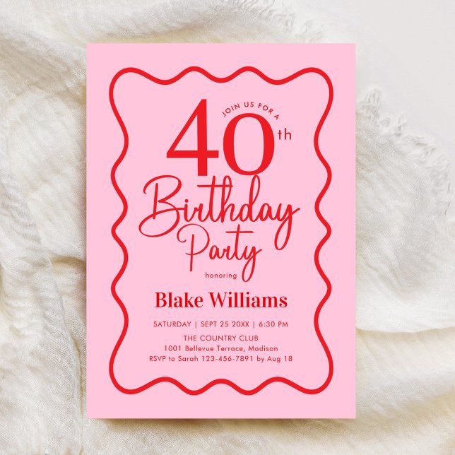 Pink Red Retro 40th Birthday Wavy Border Invitation (Creator Uploaded)