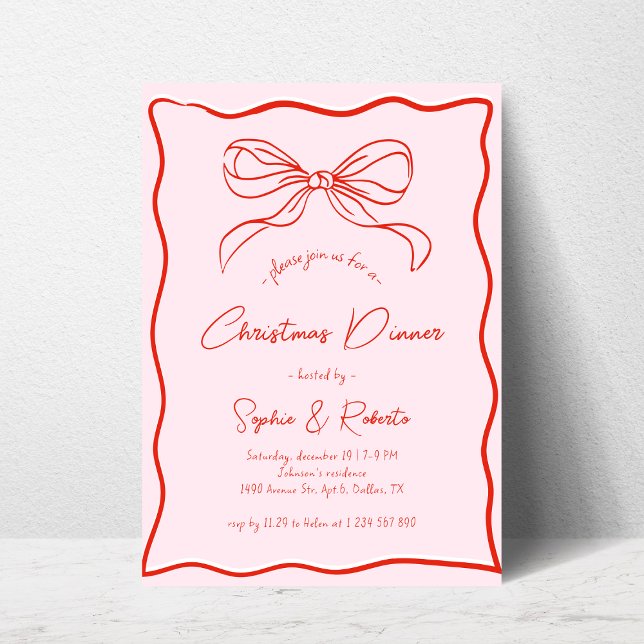 Pink & Red Retro Bow French Christmas Dinner Invitation (Creator Uploaded)
