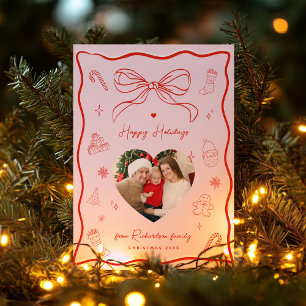 Pink & Red Retro Bow Photo Happy Holidays Card