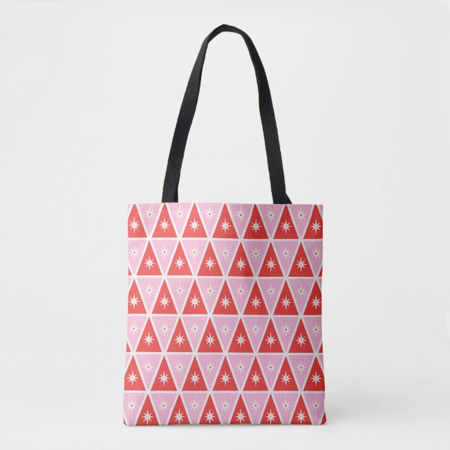Pink & Red Retro Christmas Geometric Tote Bag (Front)