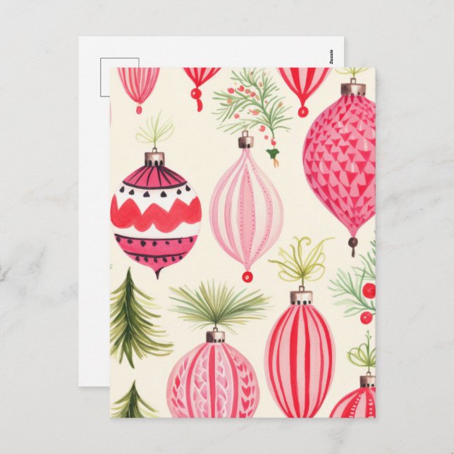 Pink Red Retro Christmas Ornaments Postcard (Front/Back)