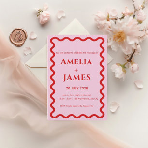 Pink Red Retro Doodle wedding invitation