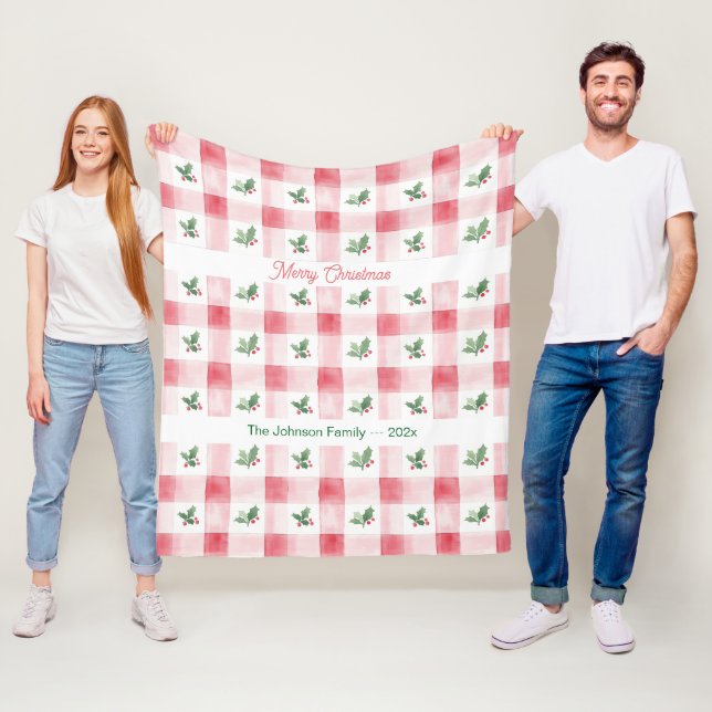 Pink Red Retro Gingham Christmas Personalised Fleece Blanket (In Situ)