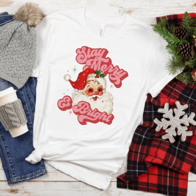 Pink Red Retro Groovy Santa Stay Merry and Bright  T-Shirt (Creator Uploaded)