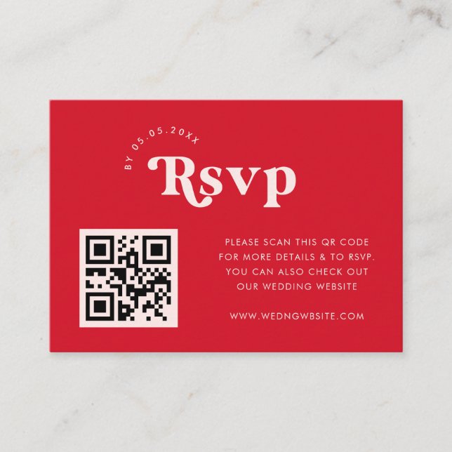 Pink Red Retro Script Custom QR Code Wedding RSVP Enclosure Card (Front)