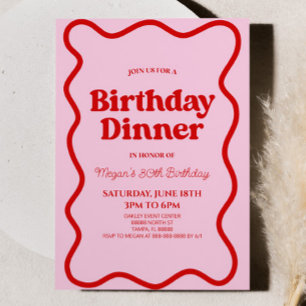 Pink Red Retro Wavy Border Birthday Dinner Party Invitation