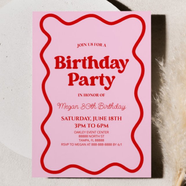 Pink Red Retro Wavy Border Birthday Party Invitation (Creator Uploaded)