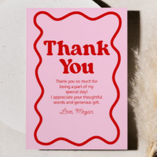 Pink Red Retro Wavy Border Birthday Party Thank You Card
