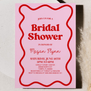 Pink Red Retro Wavy Border Bridal Shower Invitation