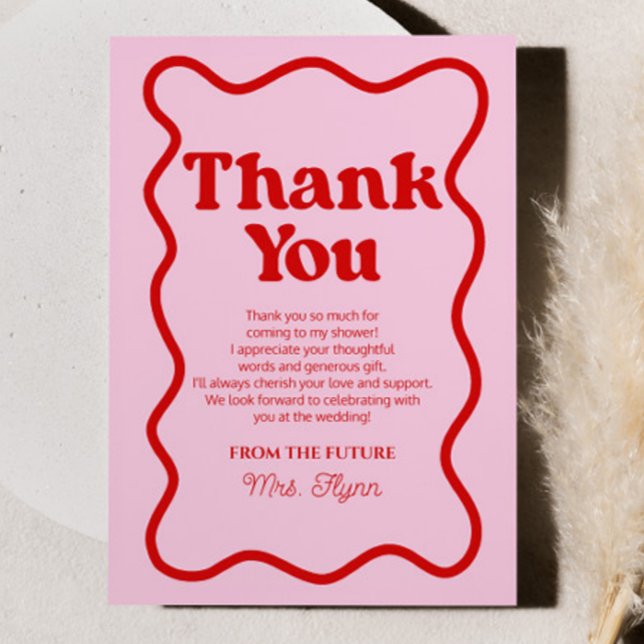 Pink Red Retro Wavy Border Bridal Shower Thank You Card (Creator Uploaded)