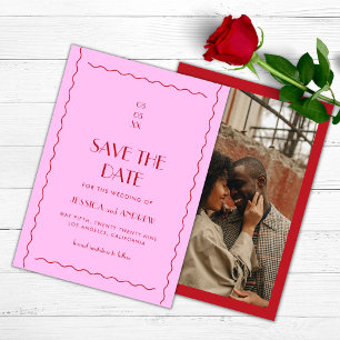 Pink Red Retro Wavy Seventies Wedding Save The Date
