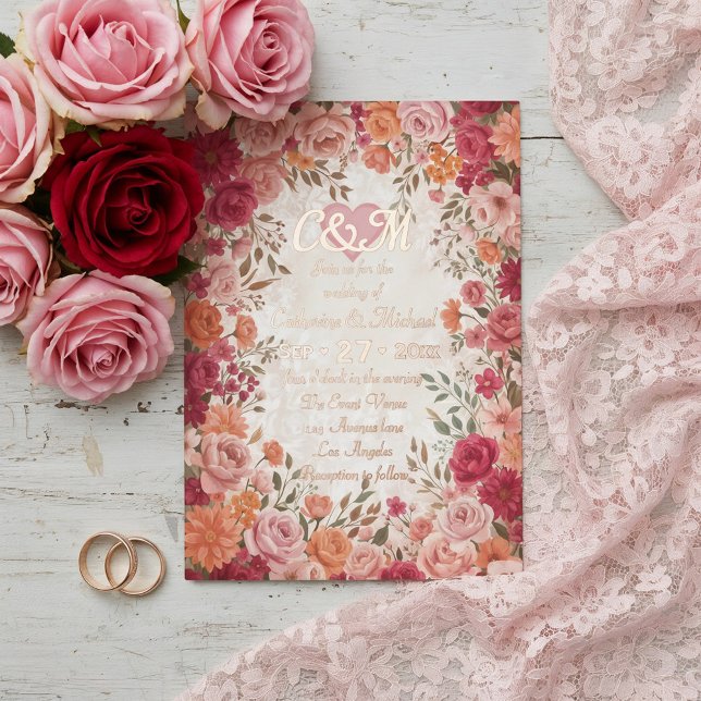 Pink & Red Romantic Rose Spring Floral Wedding (Flat lay pink red watercolor floral vintage spring garden romantic wedding foil invitation)